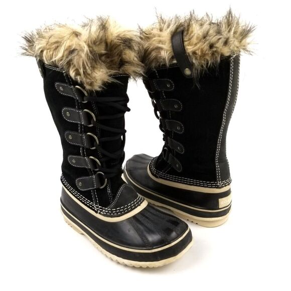 SOREL Joan of Arctic Black Fur Winter Waterproof Snow Duck Knee Boots Gorpcore 8 - Picture 2 of 9